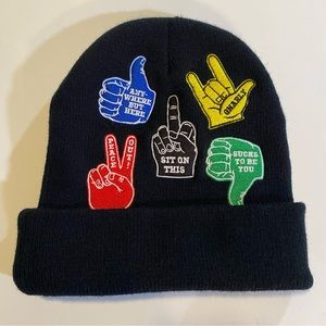 Patch beanie with 5 slogans GUC,O/S petals and peacocks.7 1/2”wide, 8 1/2”cuffed